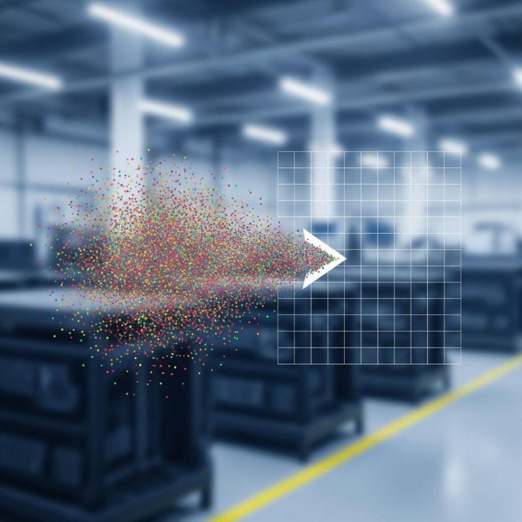Stylized image of data points being cleansed and organized, transforming from chaotic to structured, representing improved data accuracy in manufacturing.