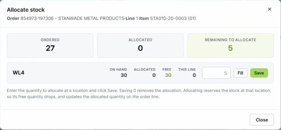 TouchWMS Allocate stock window for one order line: ordered, allocated and remaining quantities, and a bin with free stock