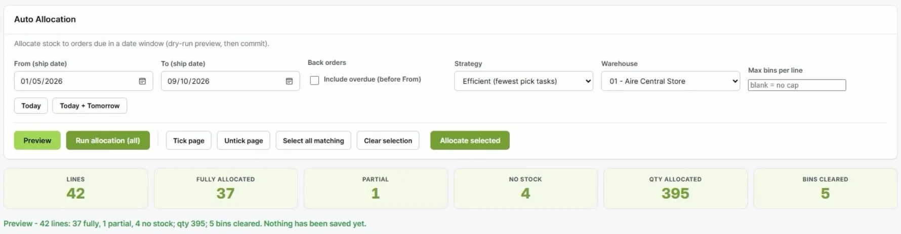 TouchWMS Auto Allocation screen: ship-date range, strategy and warehouse, Preview and Run allocation buttons, and KPI tiles