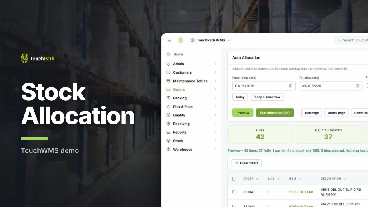 Stock allocation demo cover: the TouchWMS Auto Allocation screen with its Preview and Run allocation buttons and KPI tiles