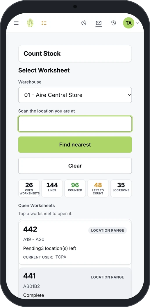 The same Count Stock screen on an Android phone, with the scan box, the count totals and the open worksheets