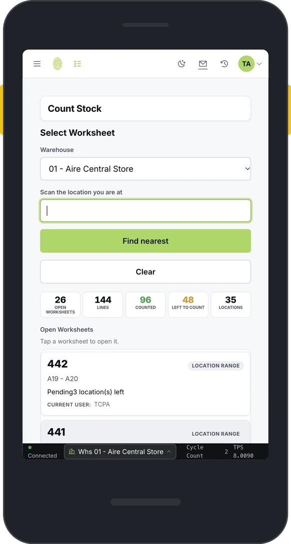 TouchCount Count Stock on a rugged scanner: a warehouse filter, a box to scan the location you are at, a button to find the nearest counts, count totals and the open worksheets by location range
