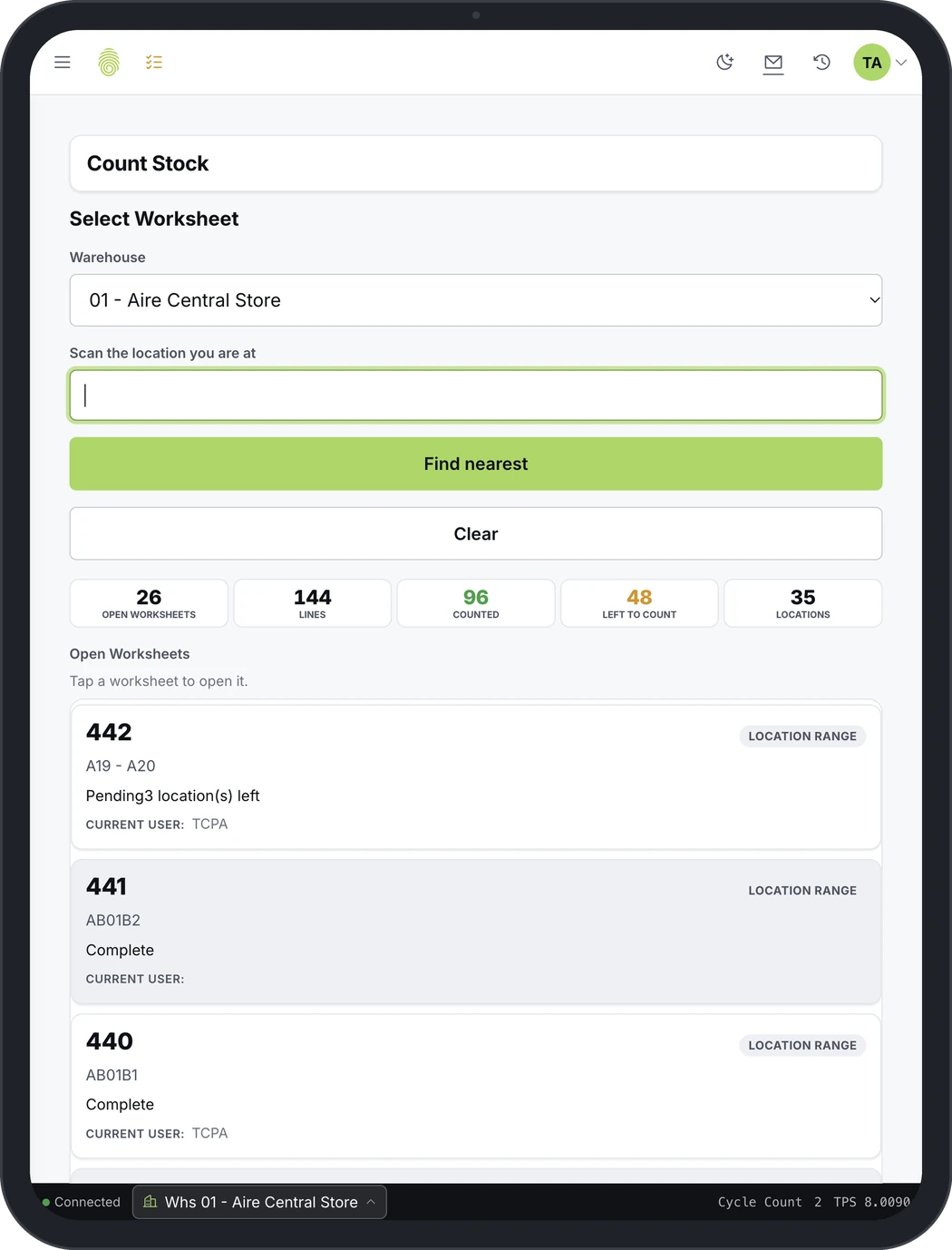 The same Count Stock screen on a tablet, with the count totals in one row and more of the open worksheets in view